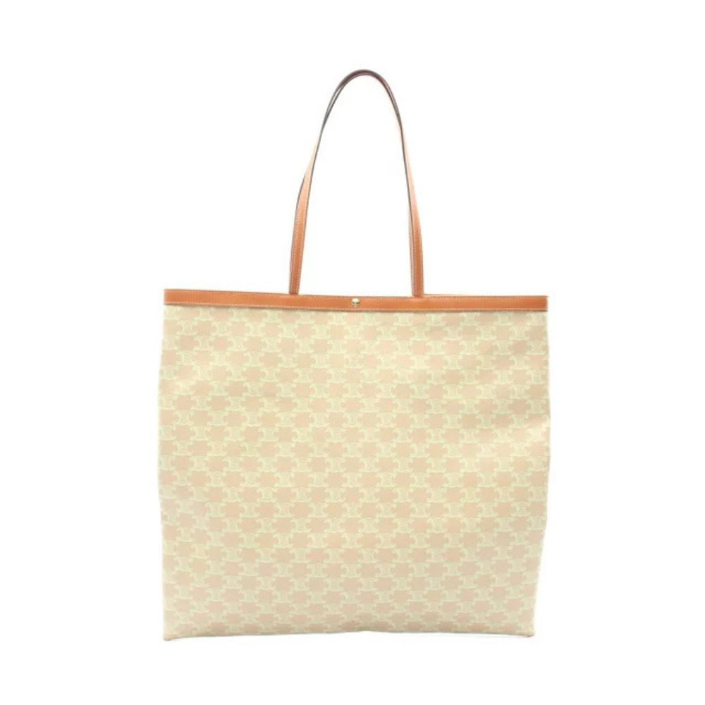 Celine Flat Shopper Triomphe Tote Bag Canvas Leather Beige Cream Green Brown